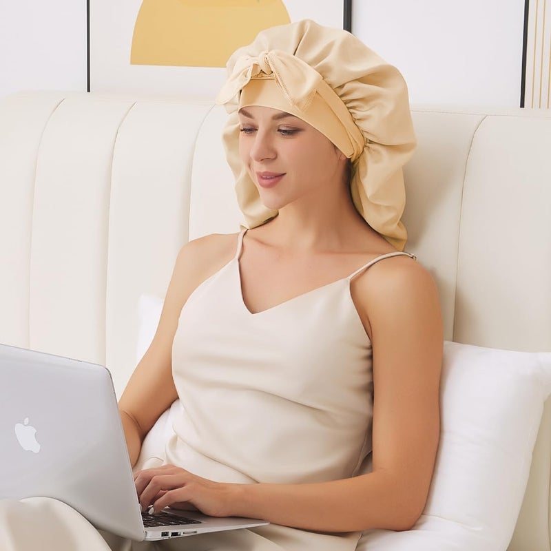 Supaze Braid Bonnet for Sleeping, Long Satin Bonnet for Women Curly Hair, Satin Lined with Long Strap(Champagne) showercap - Image 3